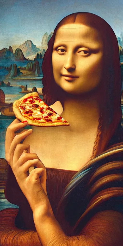 Prompt: natural light, painting of a beautiful woman holding a slice of pizza, the slice of pizza is held in mid air, near her face, in the artistic style of mona lisa