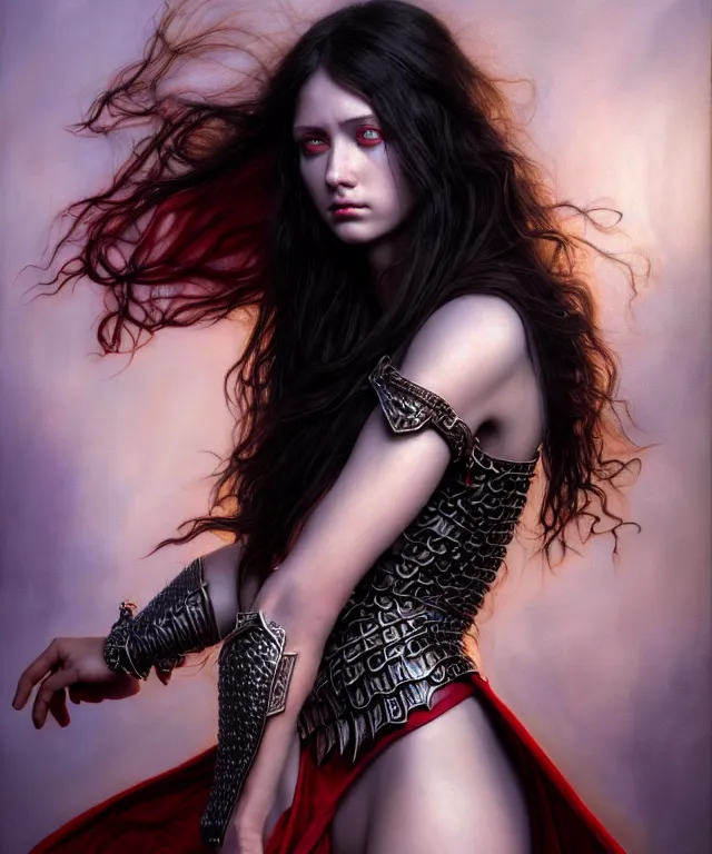 Image similar to hyperrealistic mixed media painting of a beautiful young female sorceress, stunning 3d render inspired art by P. Craig Russell and Barry Windsor-Smith + perfect facial symmetry + dim volumetric lighting, long straight black hair, pale skin, ornate crimson chainmail armor, dizzy, full body, confident heroic pose, 8k octane beautifully detailed render, post-processing, extremely hyperdetailed, intricate, epic composition, grim yet sparkling atmosphere, cinematic lighting + masterpiece, trending on artstation, very very detailed, masterpiece, stunning