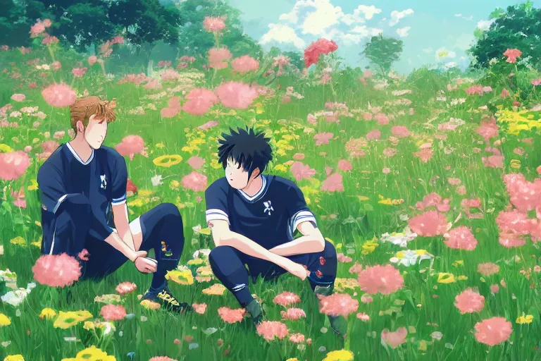 Image similar to beautiful anime harry kane and son heung-min sitting in a field full of flowers, highly detailed, studio ghibli, realistic, dynamic lighting, cinematic, masterpiece, trending on artstation,