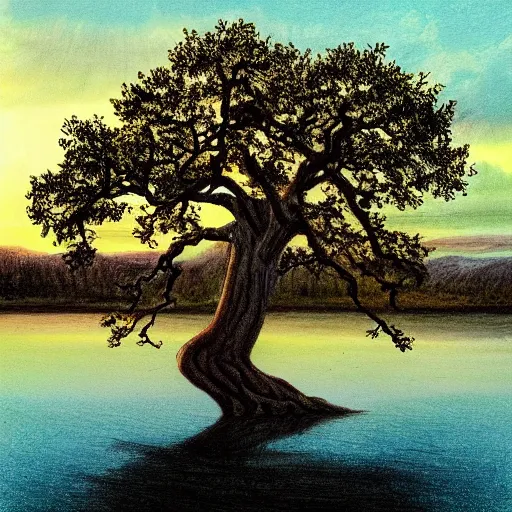 Prompt: beautiful drawing of an oak tree growing in the middle of a lake at dusk