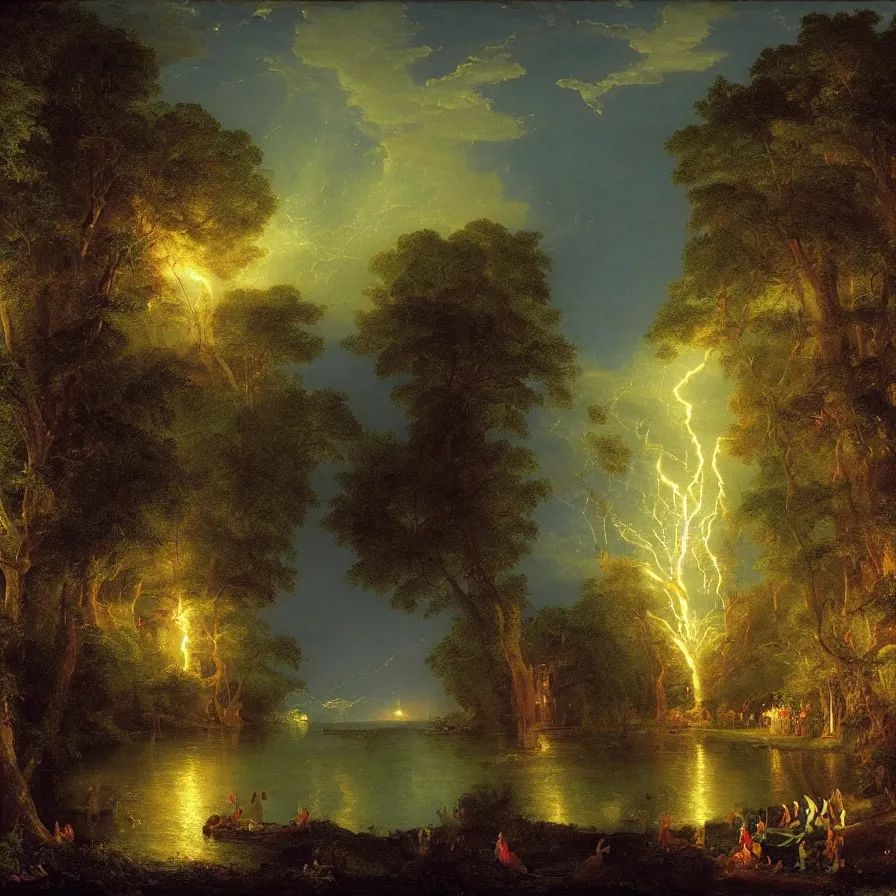 Image similar to a night carnival around a magical in a summer storm, tree cavity with a music scenario with many fireworks and christmas lights, next to a lake with iridiscent lake water, volumetric lightning, folklore people disguised with fantastic creatures in a magical forest by summer night, masterpiece painted by thomas cole, scene by dark night environment, refraction lights, five star stories