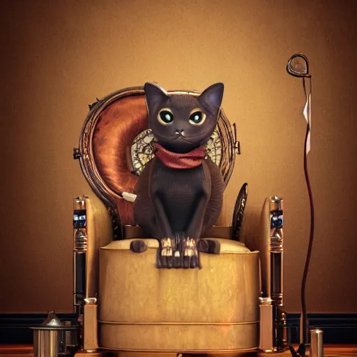 Prompt: steampunk cat sits in a chair in front of a fireplace in a book lined room and smokes a pipe, high realistic, high detailed, octane render