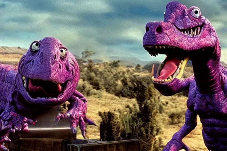 Prompt: VFX movie where Barney the Dinosaur plays the Terminator by James Cameron