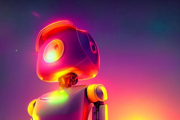 Image similar to a beautiful calm robot girl looking up to the stars, photograph, colorful background, render, 3 d, render, 8 k, 4 d,