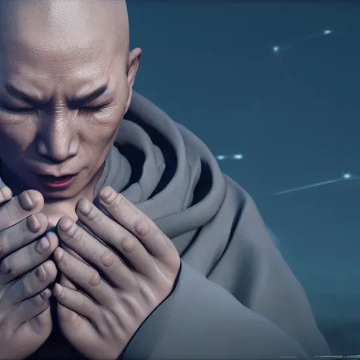 Image similar to an cybernetic monk praying with hands above head, monk robe and tattoos, octane render, unreal engine, 8 k, cinematic, artwork by ilya kuvshinov