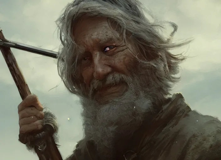 Image similar to close up cinematic artwork of a random old man with a long beard, holding a staff, staring down the enemy on the battlefield by Greg Rutkowski, 4k, masterpiece