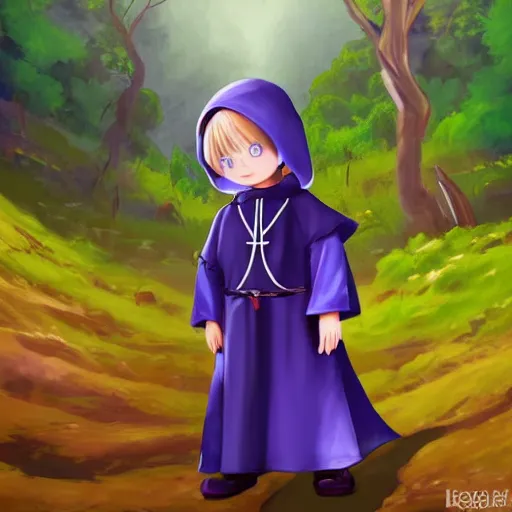 Image similar to little boy wearing nun outfit, blonde hair, blue eyes. purple and black color palate, detailed soft painting, made in abyss art style, anatomically correct