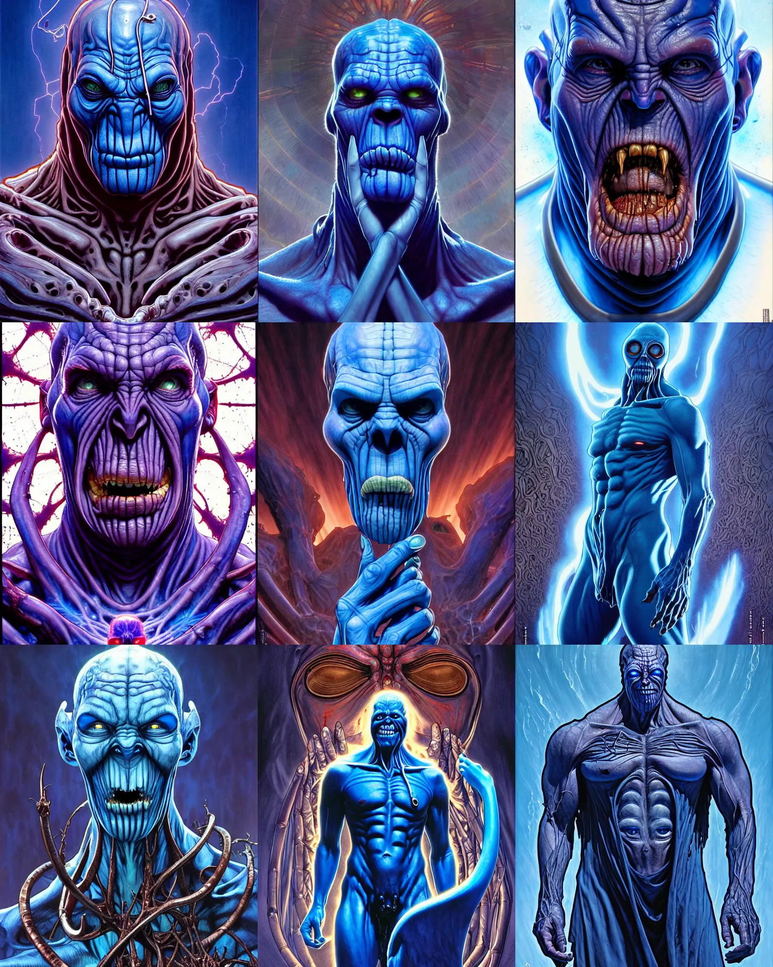 Prompt: the platonic ideal of blue whale of cletus kasady ultimate carnage thanos dementor doctor manhattan chtulu nazgul, detailed, intricate, hyperrealism, intense, scary, decay, dmt, art by brock hofer and artgerm and greg rutkowski and alphonse mucha