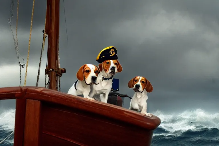 Prompt: a beagle with a captain hat on a sailing boat in a storm