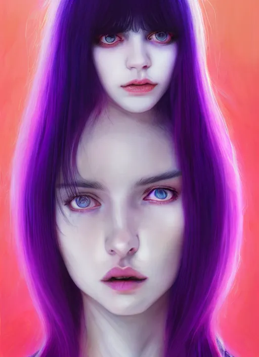 Image similar to hair whitebangs hair, black hair, whitebangs, portrait of teenage girl with white bangs, red irises, purple clothes, white bangs, bangs are different color from hair, intricate, elegant, glowing lights, highly detailed, digital painting, artstation, concept art, smooth, sharp focus, illustration, art by wlop, mars ravelo and greg rutkowski