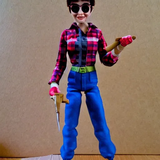 Prompt: full figure, audrey hepburn cos play lumberjack, stop motion vinyl action figure, plastic, toy, butcher billy style