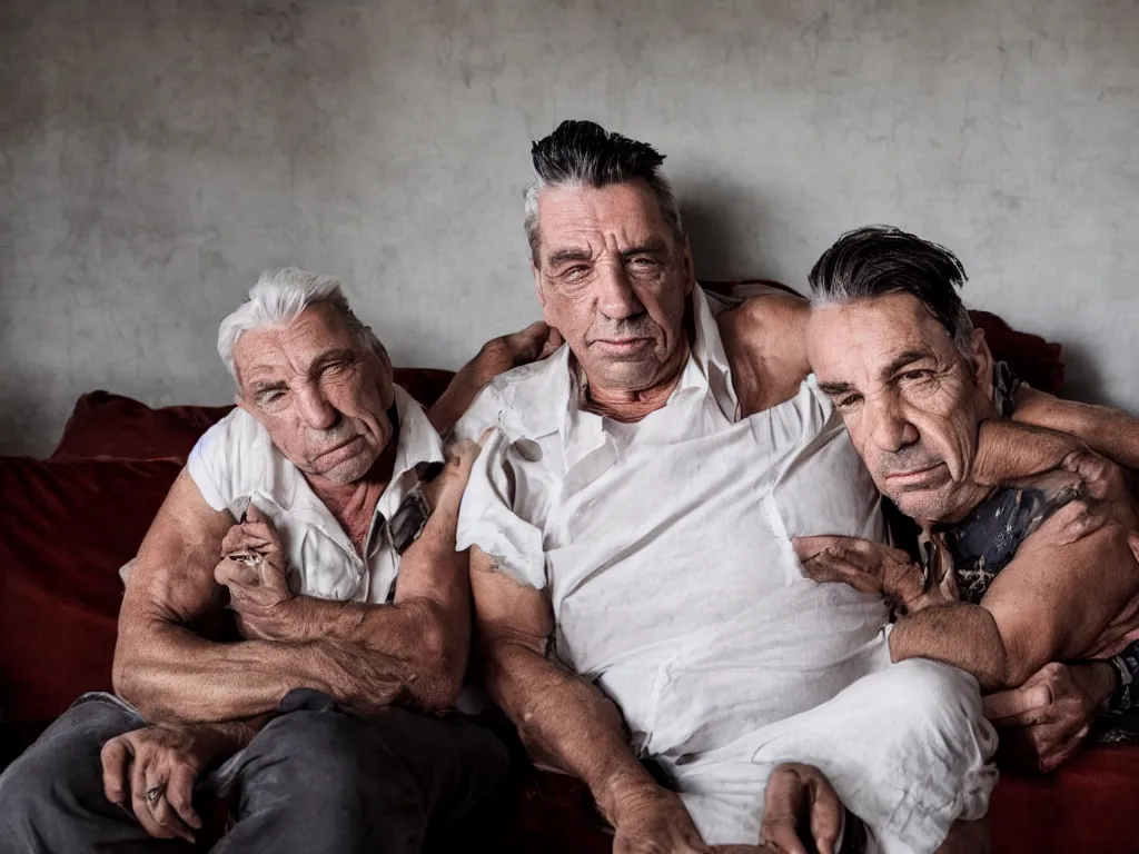 Image similar to close - up photo of a till lindemann sits on the couch with grandmother by steve mccurry, natural lighting, wide lens, 4 k