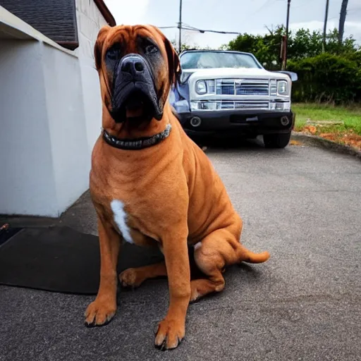 Image similar to a big boerboel dog in front of a wafflehouse