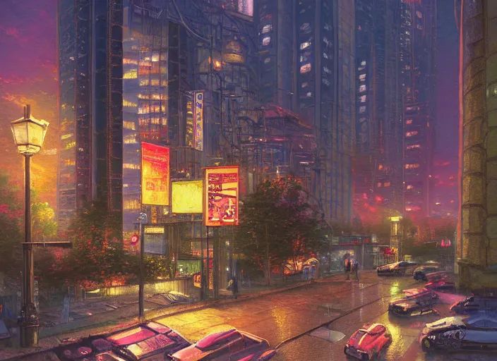 Prompt: modern office, detailed illustration by thomas kinkade, cyberpunk, nighttime, streetlight