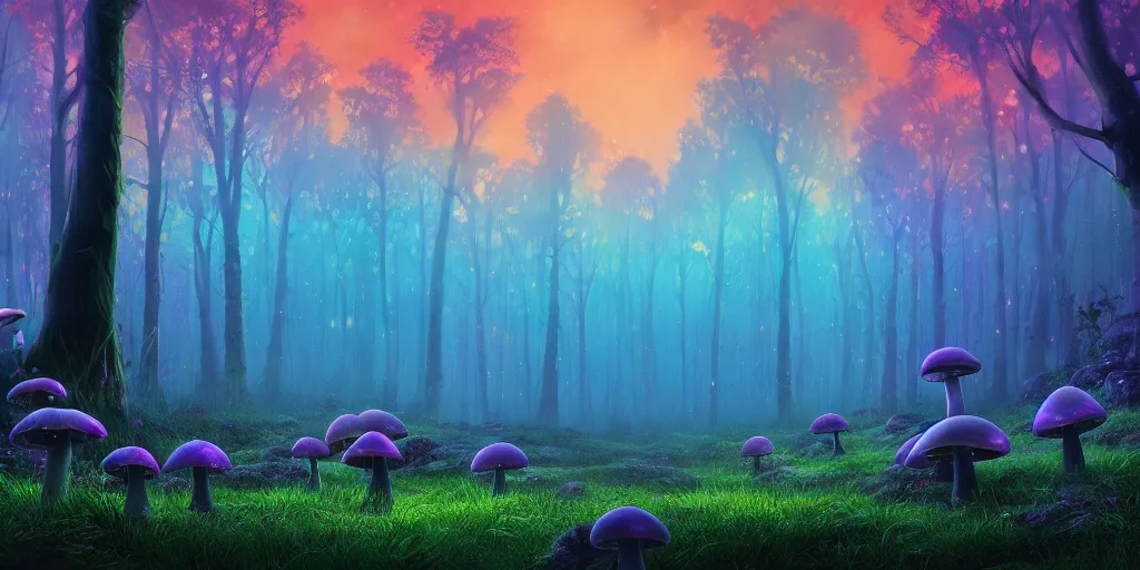 Image similar to cinematic artwork, beautiful fantasy bioluminescent mushroom forest at sunset, digital art, trending on artstation, 4k by greg rutowski, masterpiece