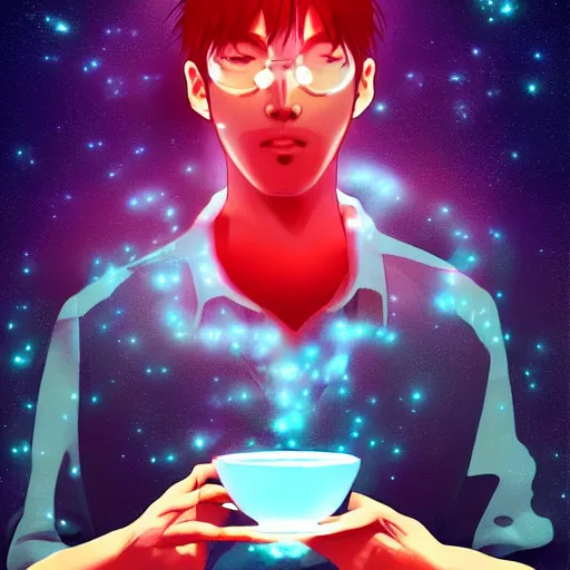 Image similar to A man drinking a cup of cosmic energy bright light by Masafumi Harada, 4k, digital art, surreal, anime style, Park Sung-woo Red Ice style