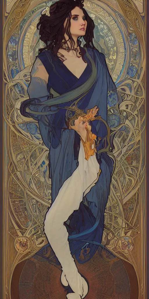 Image similar to Beautiful female wizard with blue robes wearing an intricate arcane makeup, digital art, art by Alphonse Mucha, Greg Rutkowski, Alex Ross, WLOP, Artstation, 8K