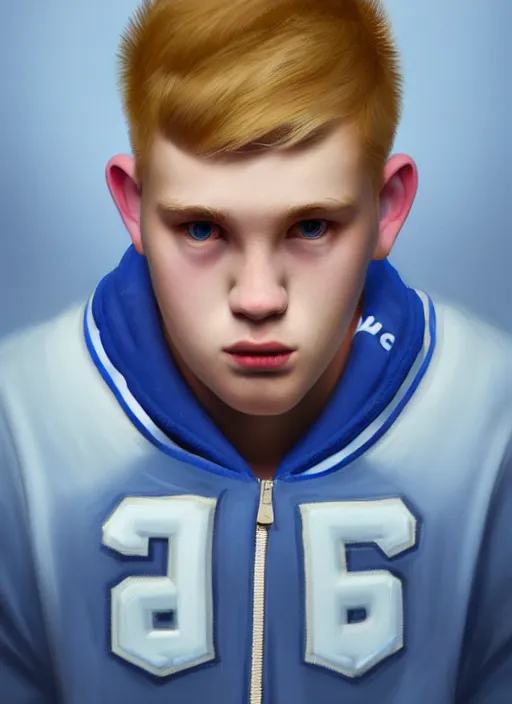 Image similar to portrait of high school senior boy named big moose, blonde short hair, jock, beefy, wide face, square jaw, square facial structure, blue varsity jacket with letter r, intricate, elegant, glowing lights, highly detailed, digital painting, artstation, concept art, sharp focus, illustration, art by wlop, mars ravelo and greg rutkowski