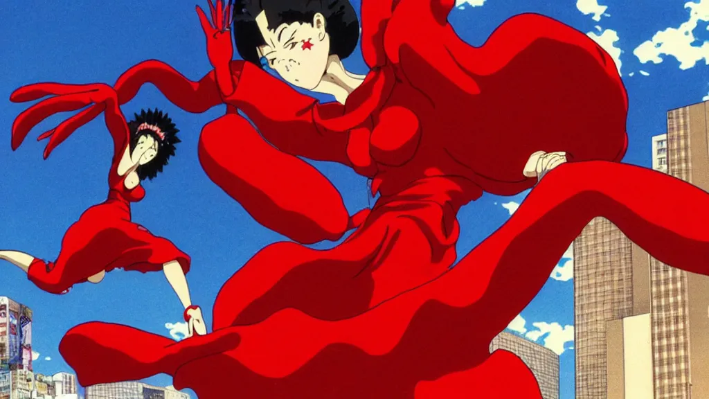 Prompt: a woman in a red dress wearing a red lobster mask falling from a building in Tokyo , film still from the an anime directed by Katsuhiro Otomo with art direction by Salvador Dalí, wide lens