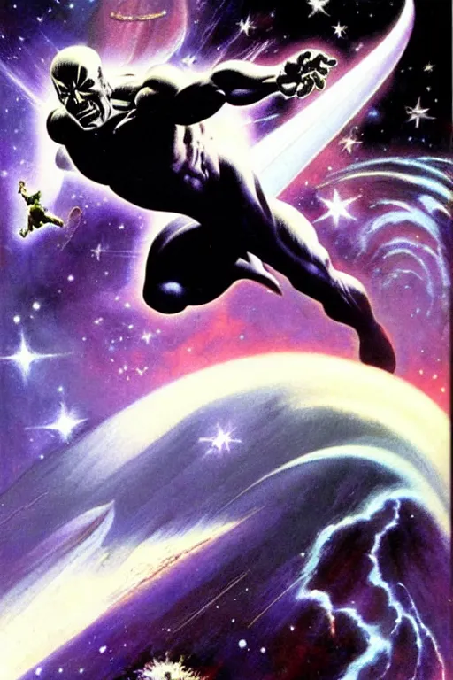 Prompt: Silver Surfer flying through space, by Frank Frazetta