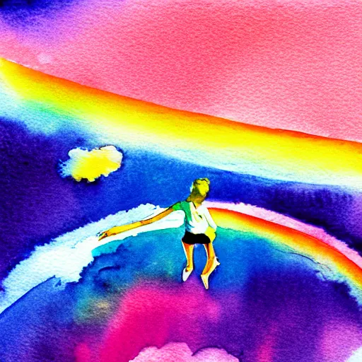 Prompt: dancing on top of a rainbow in the stratosphere, watercolor, desaturated colors, muted colors, minimalist, ink under paint, high - angle view from 1 0 0 feet distance. digital art, ue 5