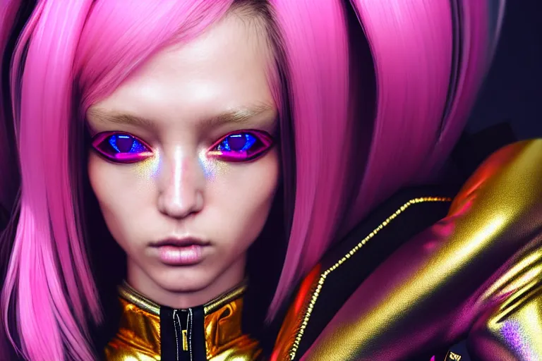Image similar to hyperdetailed close portrait of a stunningly beautiful pink cyberpunk cute european girl made of metals and shiny iridescent gems, dark rainbow nimbus, gold necklace, puffer jacket, inspired by ross tran and masamune shirow and kuvshinov, intricate, photorealistic, octane render, rtx, hdr, unreal engine, dnd digital art by artgerm