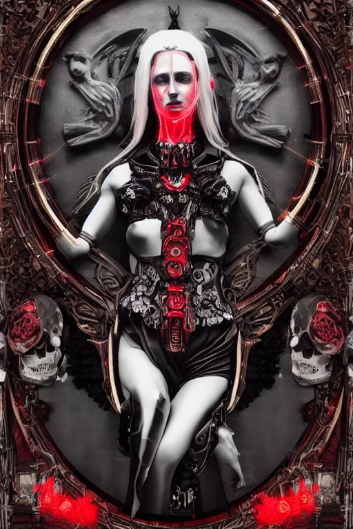 Image similar to full-body cyberpunk style sculpture of a young beautiful dark priestess, half android with a head opening exposing circuitry, glowing red eyes, black roses, flowing blood red colored silk, fabric, candles. baroque elements, human skull. full-length view. baroque element. intricate artwork by caravaggio. crows flying in background. Trending on artstation, octane render, cinematic lighting from the right, hyper realism, octane render, 8k, depth of field, 3D