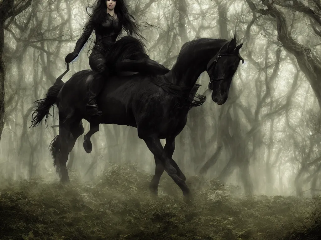 Prompt: a woman riding a black horse through a oak and beech forrest, similar to arwen on asfaloth rays of light, cinematic, fantasy art, moody morning light, trending on artstation, by peter jackson