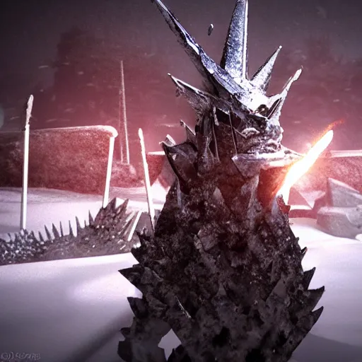 Image similar to ice spikes are summoned from the ground by magic, a group of knights in plate - armor gets impaled by bloody spikes, death on the spot, gloomy lights in the sky, octane render, unreal engine