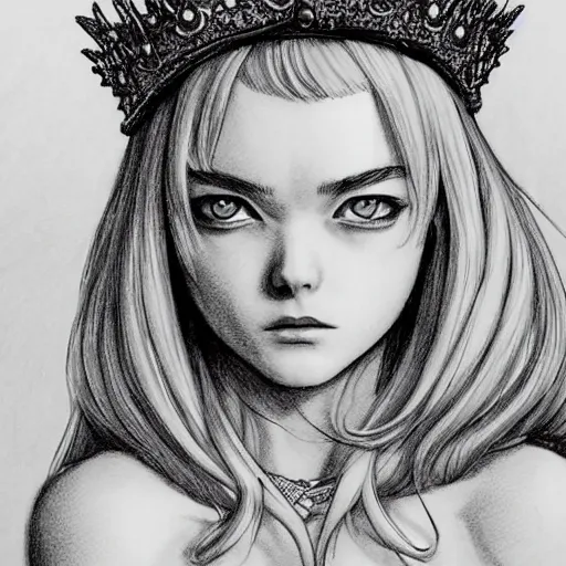 Prompt: a striking hyper real manga illustration of Elle Fanning with a crown by Kentaro Miura