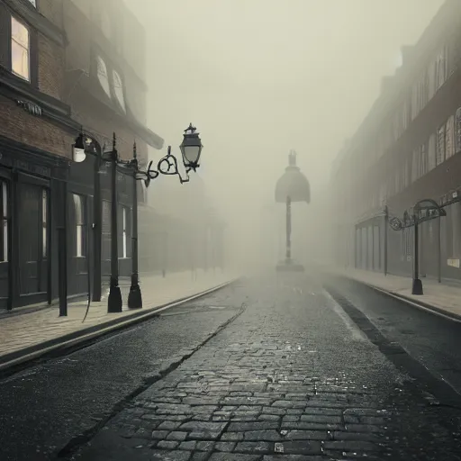 Prompt: Misty Victorian London street, gas lanterns, horse drawn carriages, heavy mist, soft lighting, realistic octane render, 8k