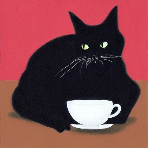 Prompt: a black cat drinking tea by tim jacobus