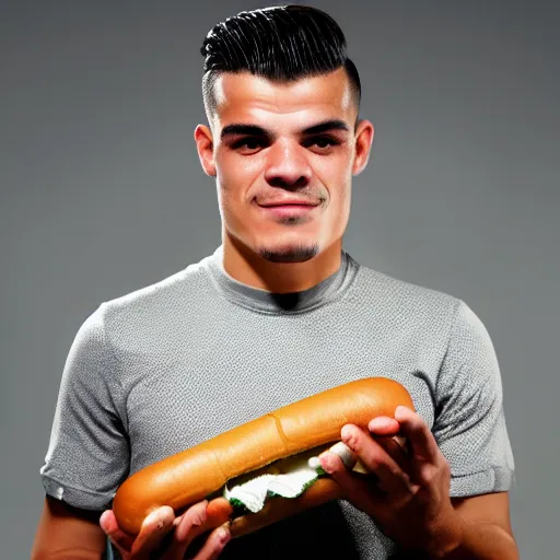 Prompt: a promo portrait of granit xhaka holding a delicious hot dog with mustard and ketchup up to the camera, happy, hyper detailed, fisheye lense, reuters