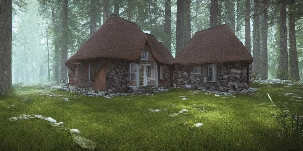 Image similar to a close up of a single cottage in the woods and empty woods, 8k, fantasy, realistic, atmospheric lighting