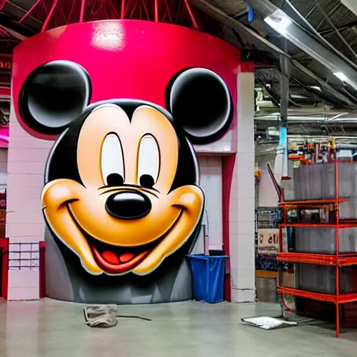 Prompt: gigantic plastic statue head of mickey mouse inside a dark red light garage getting repaired shot from floor level