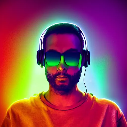 Image similar to a photorealistic of tech progressive electronic music dj portrait colorful :refractive : : octane render, 4K, dynamic light