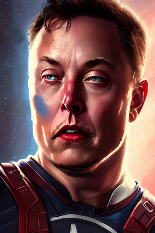 Image similar to elon musk as captain america, portrait, highly detailed, digital painting, artstation, concept art, smooth, sharp focus, illustration, cinematic lighting, art by artgerm and greg rutkowski and alphonse mucha