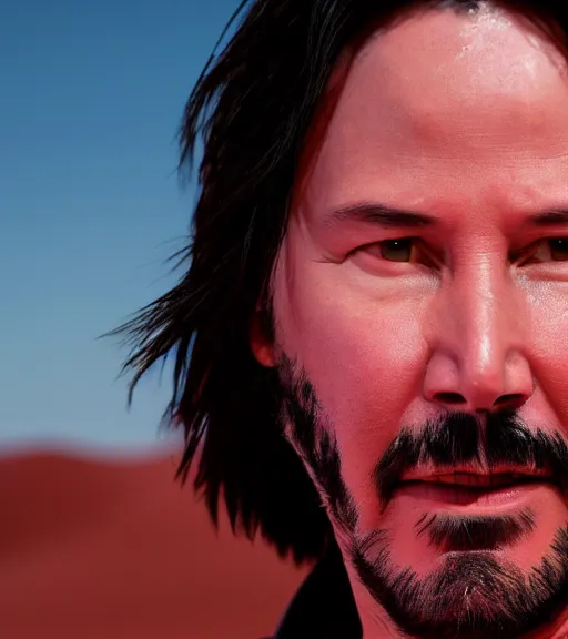 Prompt: keanu reeves as a jedi master, perfect symmetrical face, a red sand desert, full moon, moody lighting, 8 k, shallow depth of field, intricate detail,