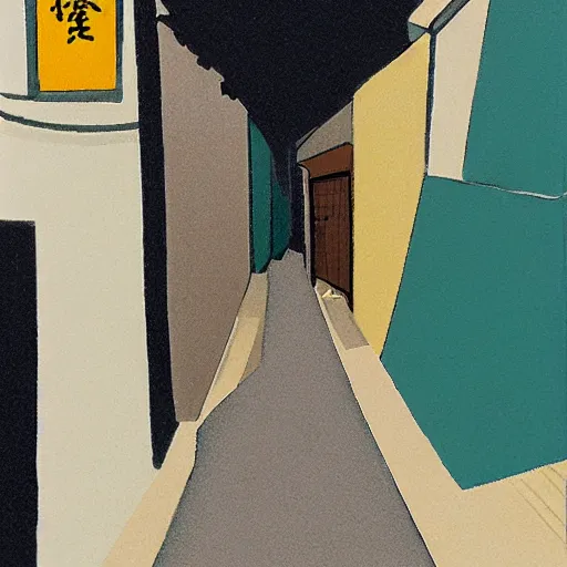 Image similar to a narrow alley in golden gai as depicted by lee ufan and hilma af klint and sketched by osamu tezuka