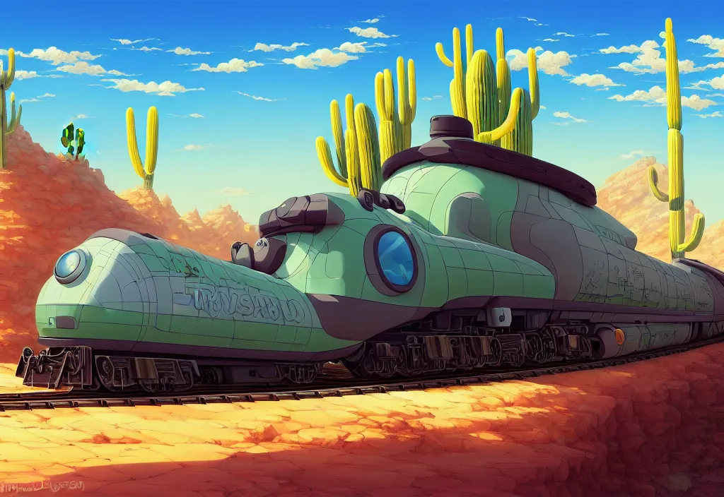 Prompt: chubby futuristic train on a railroad in the desert with a cactus on the right in the forefround, intricate oil painting, high detail illustration, sharp high detail, manga and anime 1 9 9 9, official fanart behance hd artstation by jesper ejsing and makoto shinkai, 4 k,