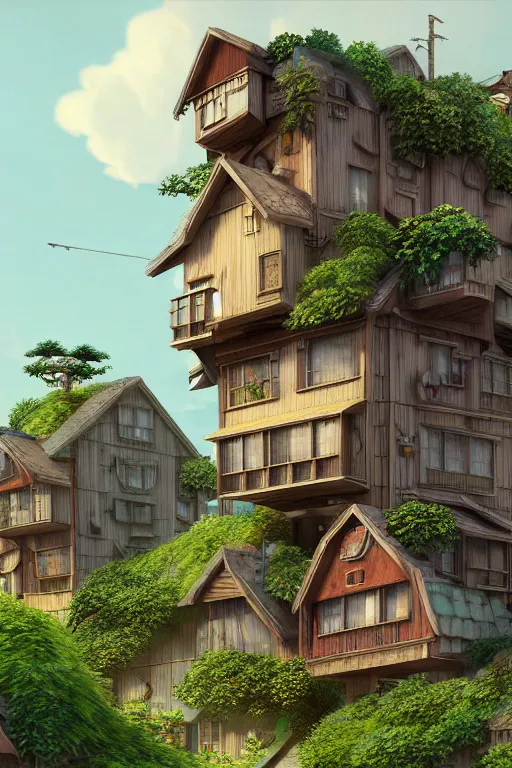 Image similar to stacked houses, solarpunk, studio ghibli, jean - baptiste monge, octane render, 4 k