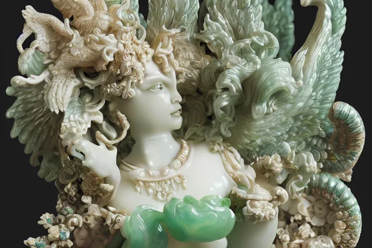 Image similar to a closeup photo, rococo alabaster and jade real delicate ceramic porcelain sculpture of an ornate detailed phoenix goddess in front of an intricate background by rafael, micro detail, backlit lighting, subsurface scattering, translucent, thin porcelain, emerald, jade, octane renderer, colorful, physically based rendering, trending on cgsociety