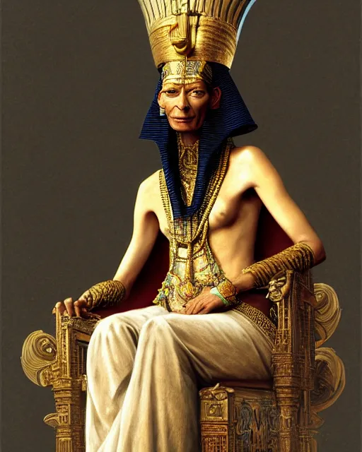 Image similar to tilda swinton as a dark - skinned egyptian pharao sitting on a throne, intricate, elegant, highly detailed, digital painting, artstation, concept art, matte, sharp focus, illustration, art by anders zorn and greg rutkowski and alphonse mucha