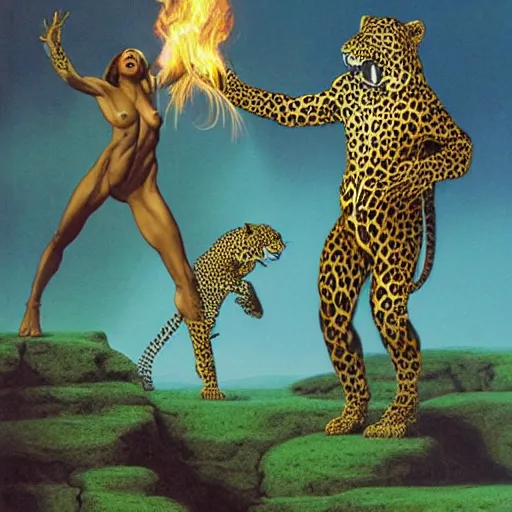 Image similar to leopards wearing leopard animal print clothing, dancing around in a fire drinking and laughing, magical bright world, volumetric lighting, Artwork by Richard Corben + Mark Arian + Wayne Barlowe + Boris Vallejo + Julie Bell + Zdzisaw Beksinski + Ed Binkley + Mark Brooks + Jean Delvil