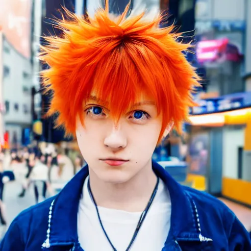 Prompt: orange - haired anime boy, 1 7 - year - old anime boy with wild spiky hair, wearing blue jacket, shibuya street, bright sunshine, strong lighting, strong shadows, vivid hues, sharp details, subsurface scattering, intricate details, hd anime, anime movie, 2 0 2 1 anime