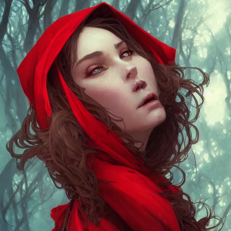 Image similar to a beautiful portrait of red riding hood, headshot, highly detailed, digital painting, artstation, concept art, sharp focus, cinematic lighting, illustration, art by artgerm and greg rutkowski, alphonse mucha, cgsociety