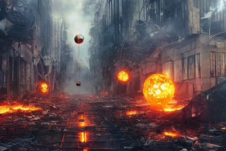 Prompt: Cybernetic Robotic Fire Orb Floating above a destroyed city street, fantasy, photorealistic, metropolis