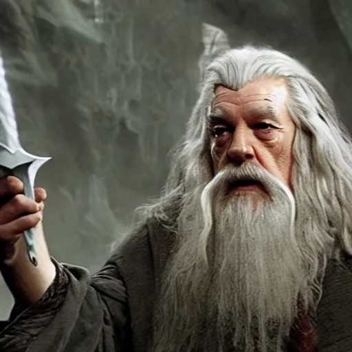 Image similar to Gandalf explains that he killed the Balrog. He was also killed in the fight, but was sent back to Middle-earth to complete his mission. He is clothed in white and is now Gandalf the White, for he has taken Saruman's place as the chief of the wizards.