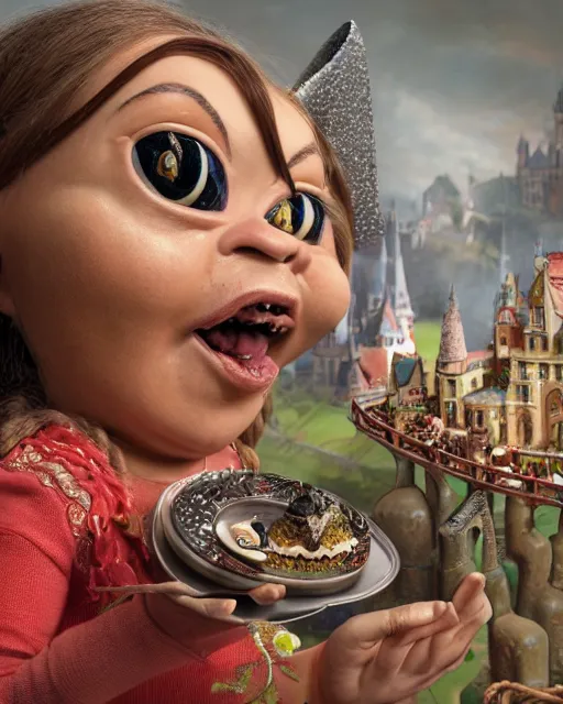 Image similar to highly detailed closeup, face profile portrait of a tin toy greta thunberg as a medieval goblin eating cakes in a castle, bikini, depth of field, nicoletta ceccoli, mark ryden, lostfish, dan decarlo, bob clampett, max fleischer, detailed and intricate environment, 8 k resolution, hyperrealistic, octane render