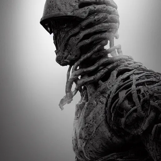 Image similar to black and white photo, rock golem as a soldier smoking a cigarette, still from the movie predator, still from the movie starship troopers, fog, dramatic lighting, cinematic, 4 k, full body shot, spotlight from above, rim lighting, full body photograph, sharp, cyberpunk, bladerunner, extreme detail, light rain, trending on artstation, spot light